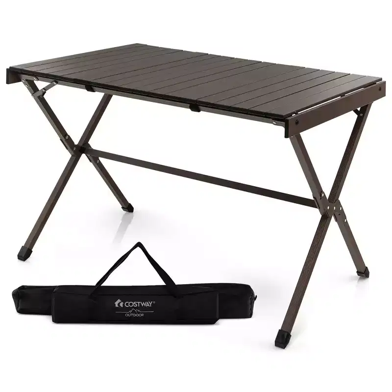 Costway 4-6 Person Portable Aluminum Camping Table Lightweight Roll Up Table Grey/Brown