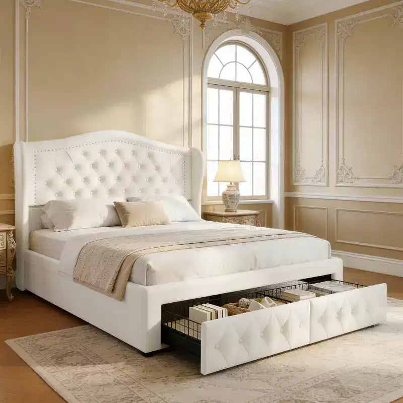 Dyonery modern light luxury style velvet soft-padded bed, diamond-shaped riveted headboard, large-capacity drawers with wheels