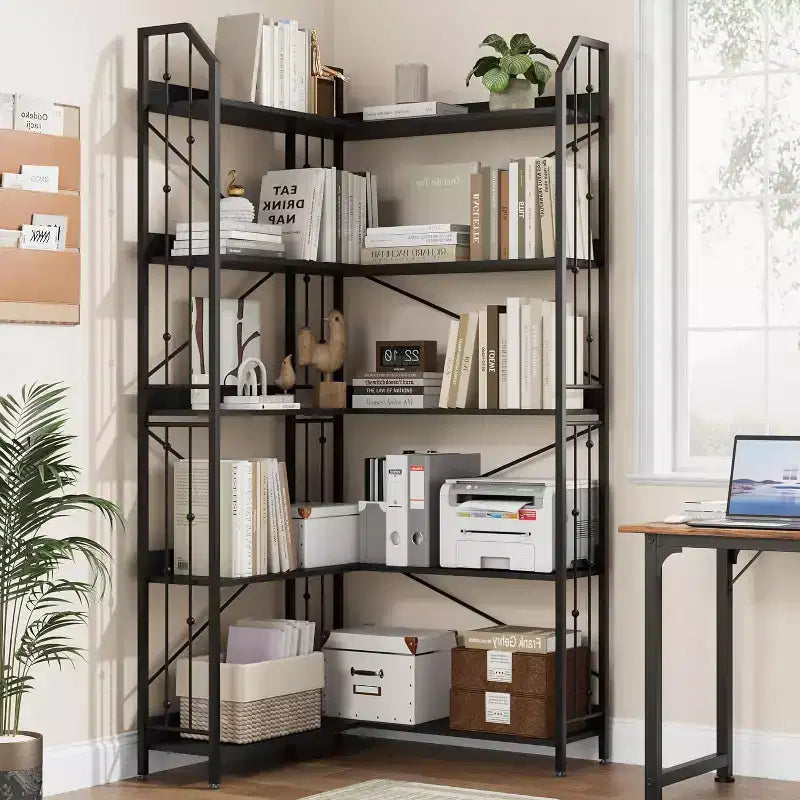 72-Inch L-Shaped Corner Bookcase, 5-Tier Open Shelf, Black