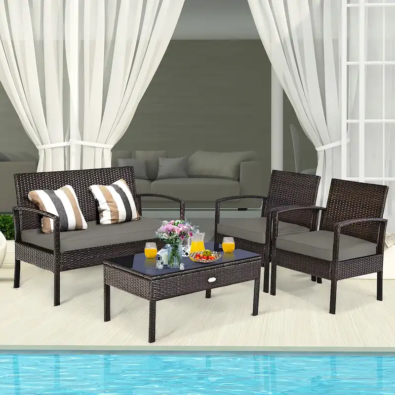 Costway 4PCS Patio Rattan Wicker Furniture Set Loveseat Sofa Cushioned