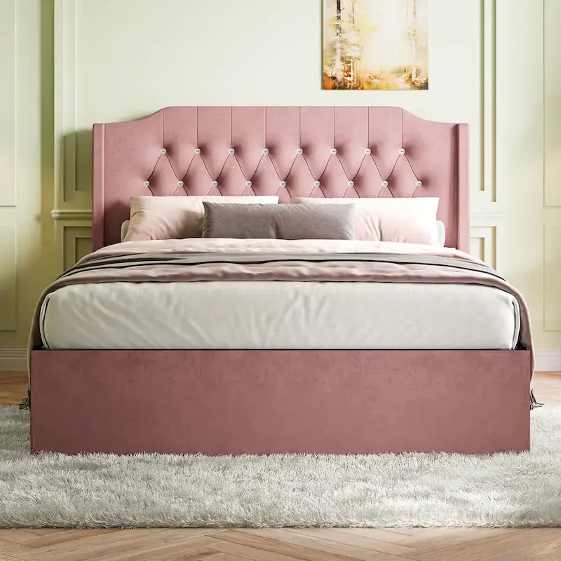 Queen Size Velvet Platform Bed with Tufted Headboard | Glam Bedroom