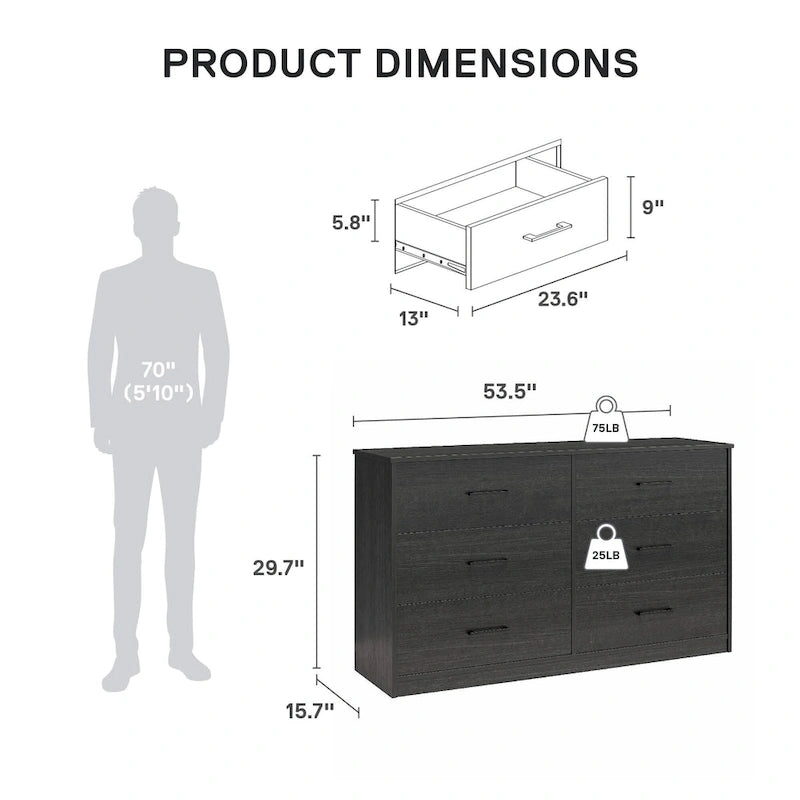 Wide 6-Drawer Dresser with Laminate Finish