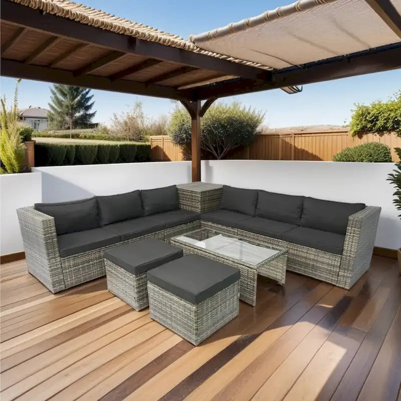 8 Piece Patio Sectional Wicker Rattan Outdoor Furniture Sofa Set with O Storage Box