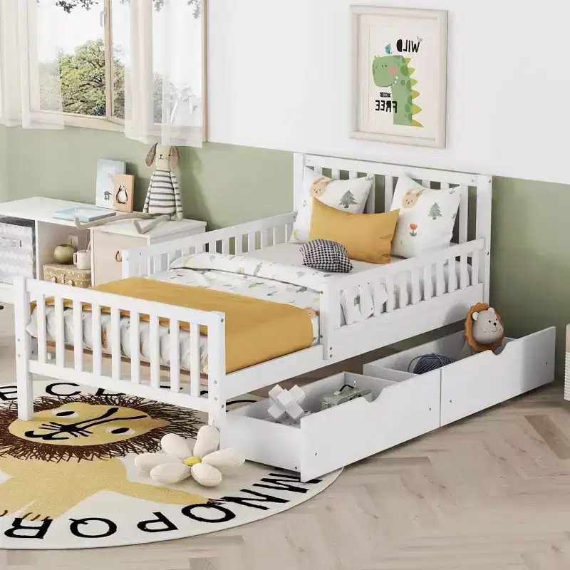 Twin Size Wood Platform Bed with Guardrails and Two Storage Drawers, White