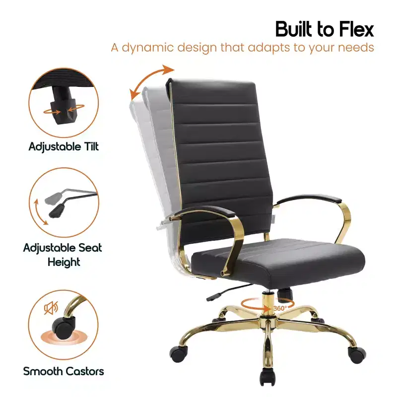 LeisureMod Benmar High-Back Ribbed Leather Office Chair - Modern Swivel & Tilt Executive Desk Chair - Gold Base