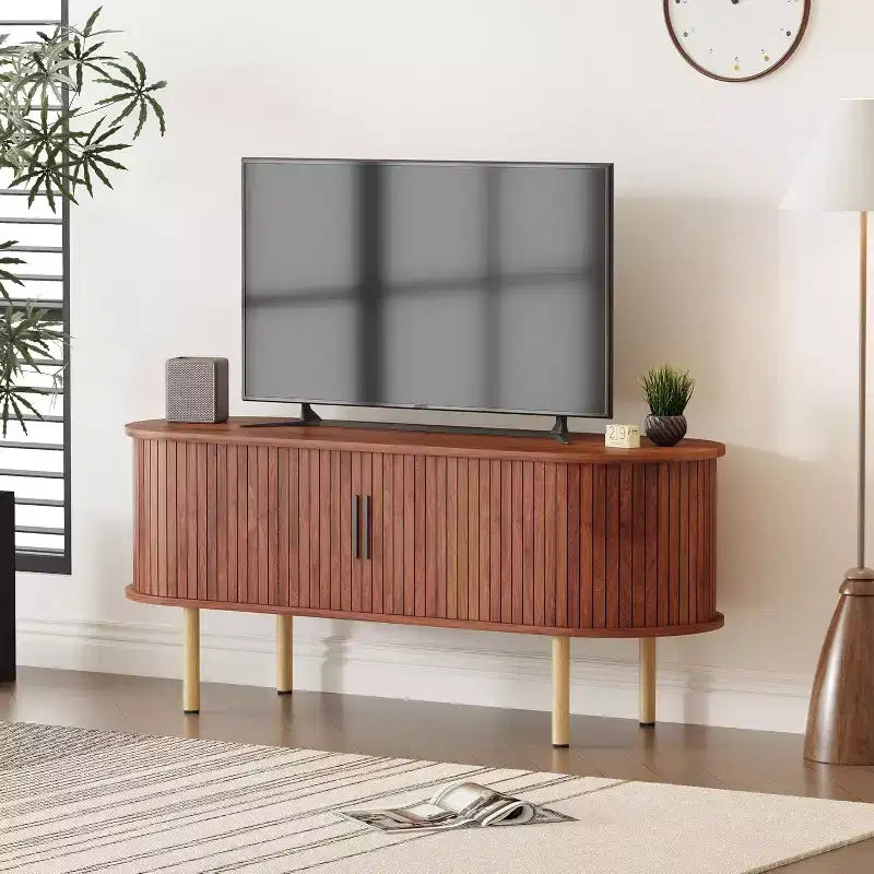 Modern TV Stand with Sliding Doors, Wood Media Console with Adjustable Shelves for Living Room
