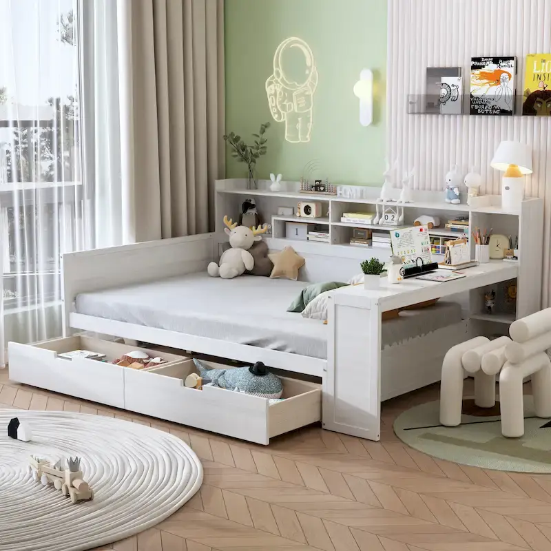 Full Size Multifunctional Daybed with Storage Shelves, Two Drawers & Built-in Study Desk