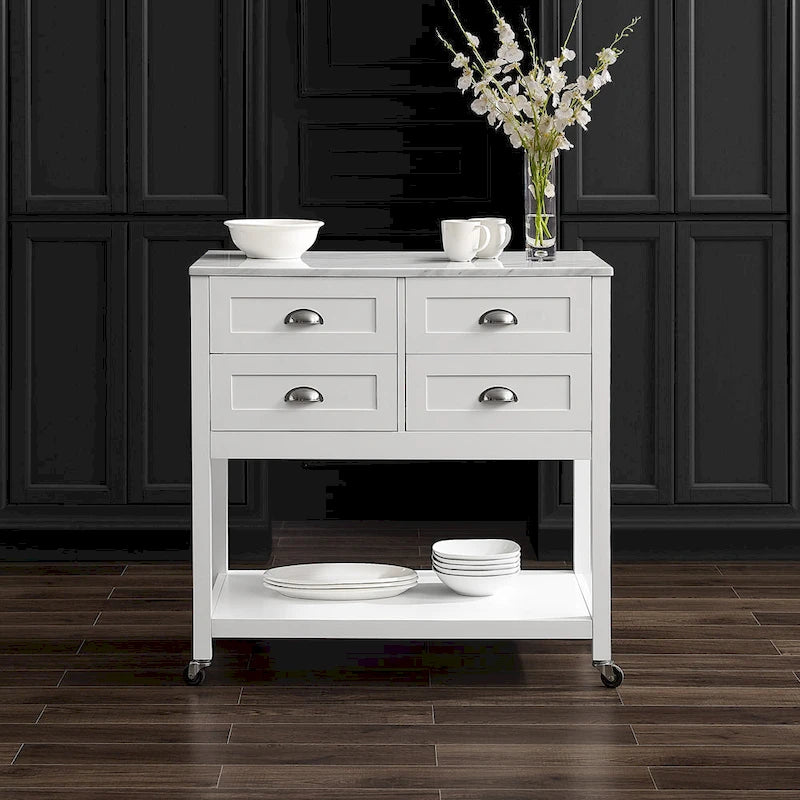 Modern Farmhouse Kitchen Island Cart with 4 Drawers Faux Marble Top and Casters