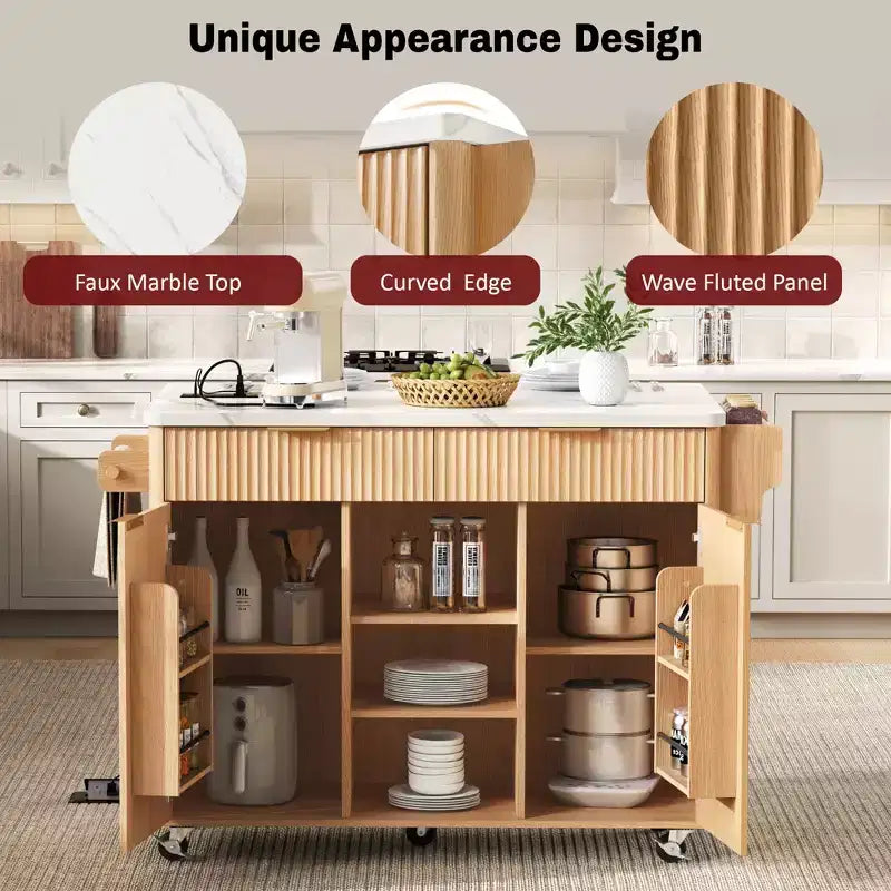 52-Inch Fluted Kitchen Island Cart with Power Outlet and Faux Marble Drop Leaf