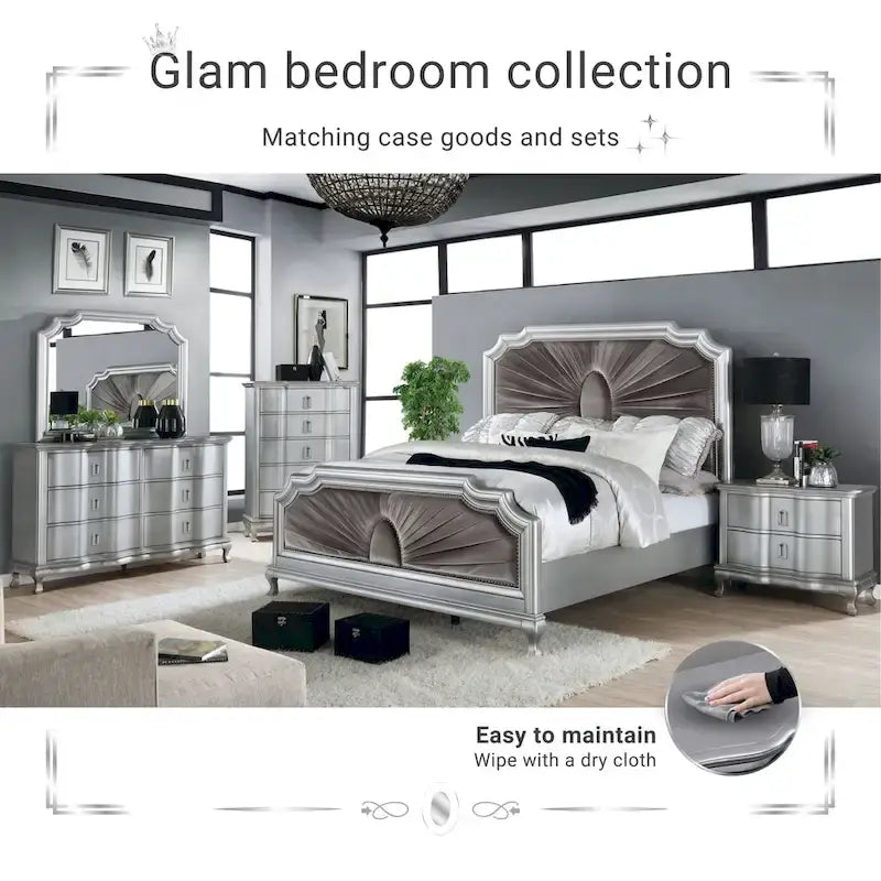 Glam Silver Solid Wood Panel Bed
