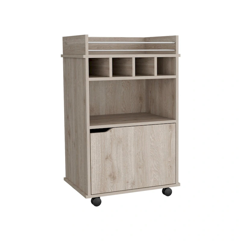 Beige Rolling Bar Cart with Open Shelves Wine Cubbies and Cabinet