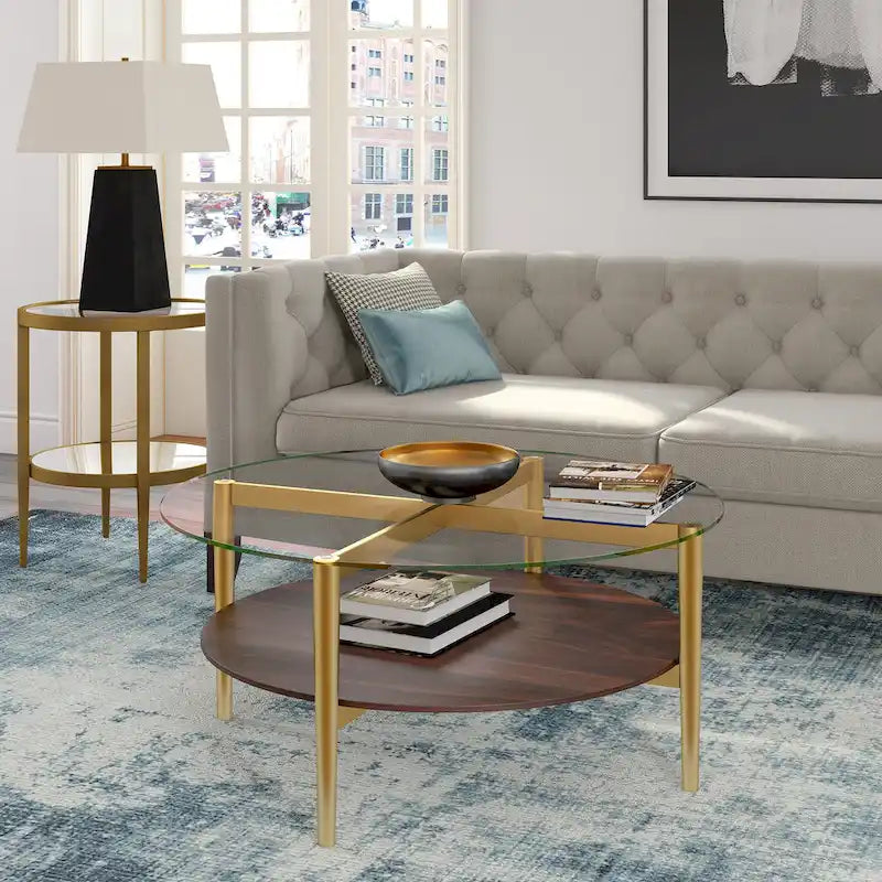 Round Mid-Century Modern Coffee Table with Tempered Glass Top