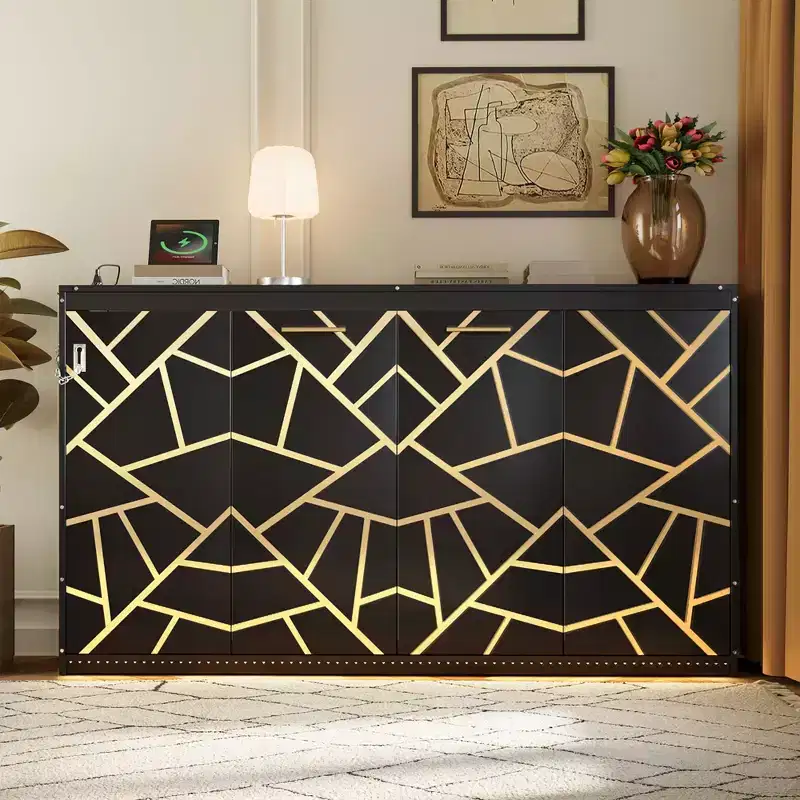 Queen Size Murphy Bed With Side-Folding, LED Under-Bed Lighting, Built-In USB Outlet, Easy Assembly, Black