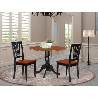 Dining Table Set with 2 Chairs, Round Dropleaf Kitchen Table, Solid Rubberwood, Saddle Brown Finish, 42x42 Inch