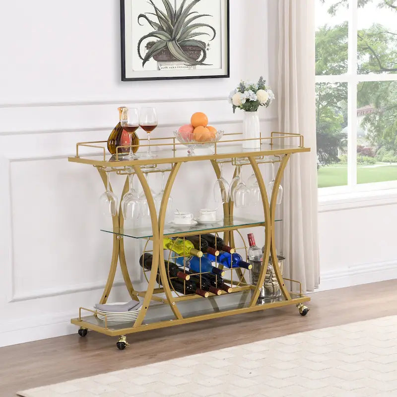 3-Tier Tempered Glass Rolling Bar Cart with Wine Rack and 16 Glass Holder