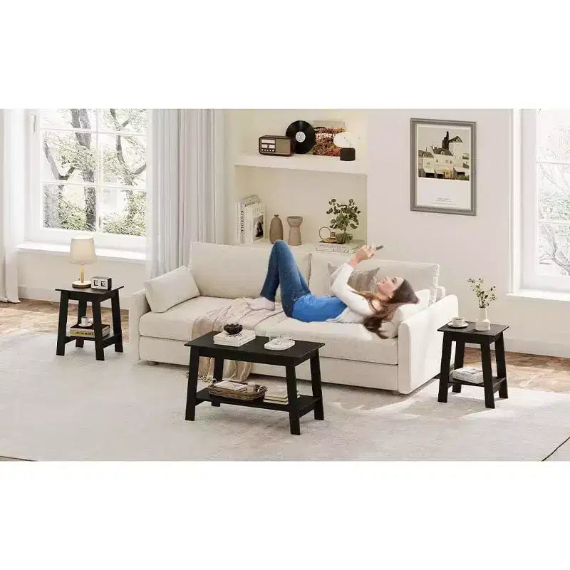 Modern Farmhouse Coffee Table with Storage Shelf, 2-Tier Rectangular Wood Center Table for Living Room and Home Office
