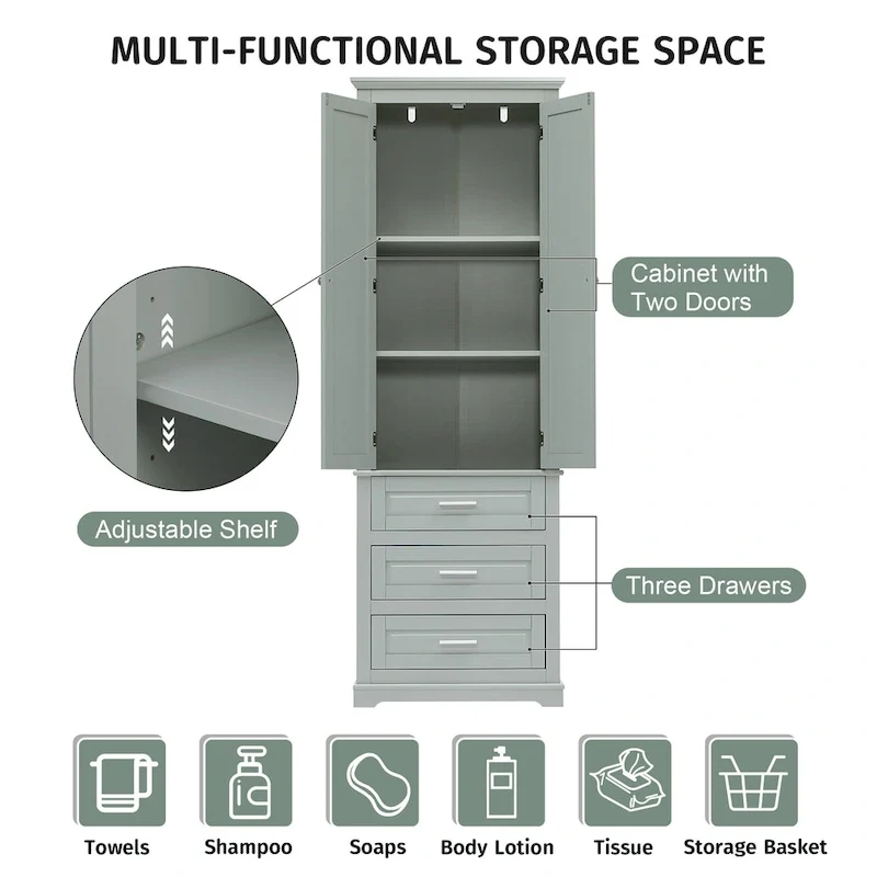 24 x 15.7 x 70 Freestanding Bathroom Cabinet with 3 Drawers
