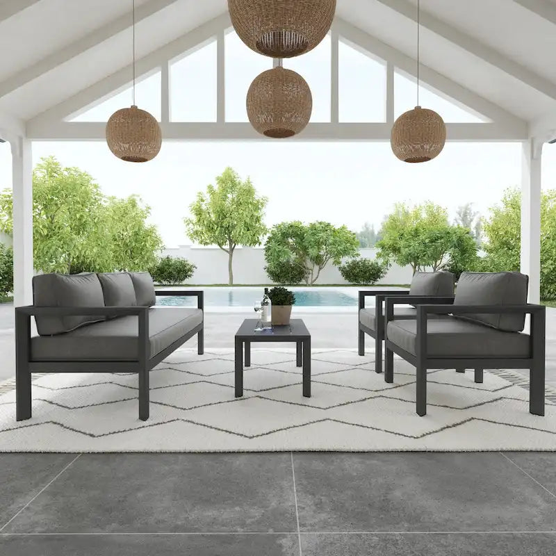 Homestyles Grayton Outdoor Aluminum Sofa with Lounge Chairs and Coffee Table - 81 x 26 x 29