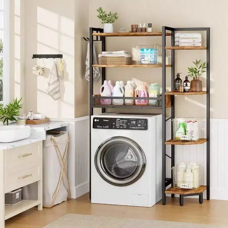 K1 Heavy Duty Tier Over Toilet Storage with Basket and Paper Hook Freestanding Above Toilet Shelf Adjustable Feet Rustic Brown
