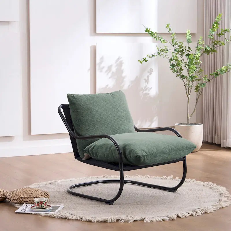 Modern Curved Accent Chair with Linen Upholstery Metal Frame Cushions
