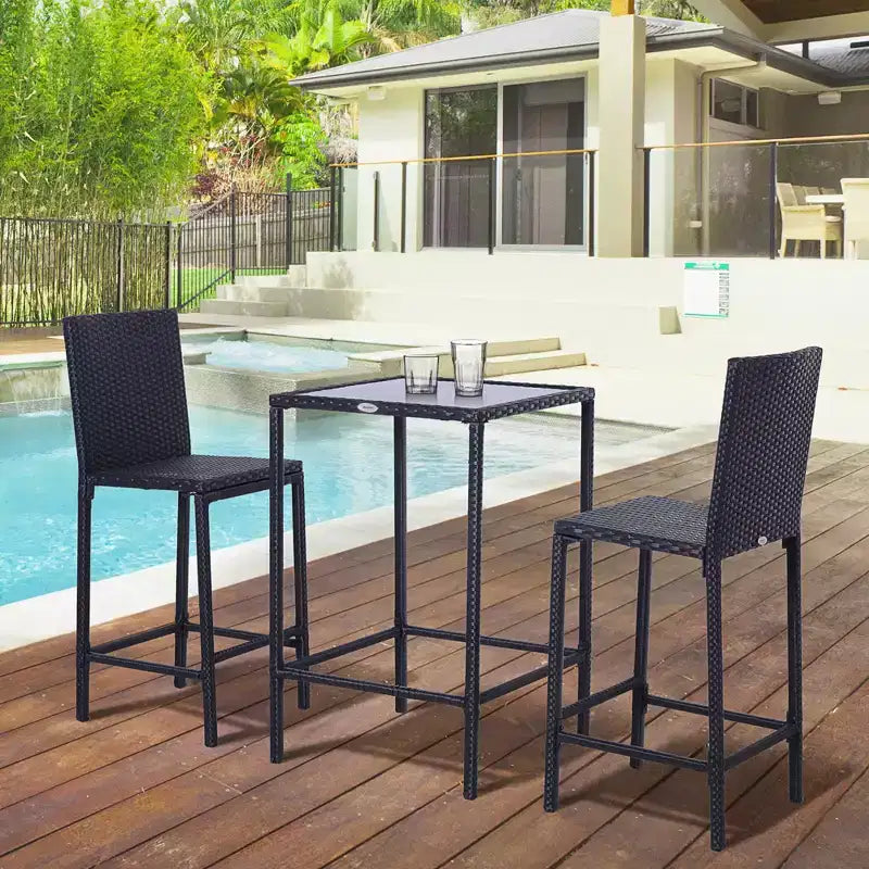 Outsunny 3 PCS Rattan Bar Set with Glass Top Table, 2 Bar Stools for Outdoor, Patio, Garden, Poolside, Backyard