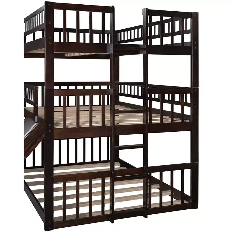 Full over Full over Full Triple Bunk Bed with Ladders and Slide, Espresso