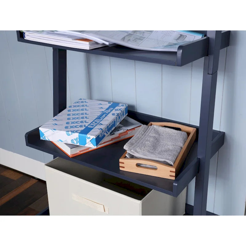 5-Tier Leaning Ladder Shelf Bookcase with Solid Wood Legs
