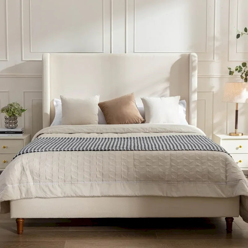 Tall Wingback Boucle Upholstered Bed Frame with Wooden Slat Base