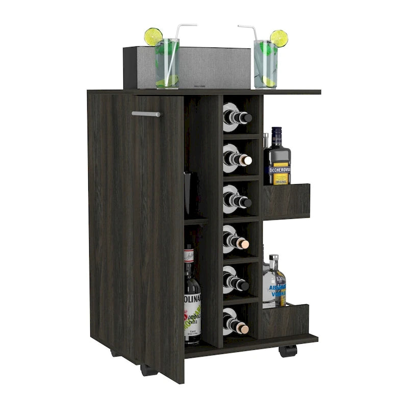 Rolling Bar Cart with Enclosed Cabinet 6-Bottle Wine Cubby and Open Bottle Shelves