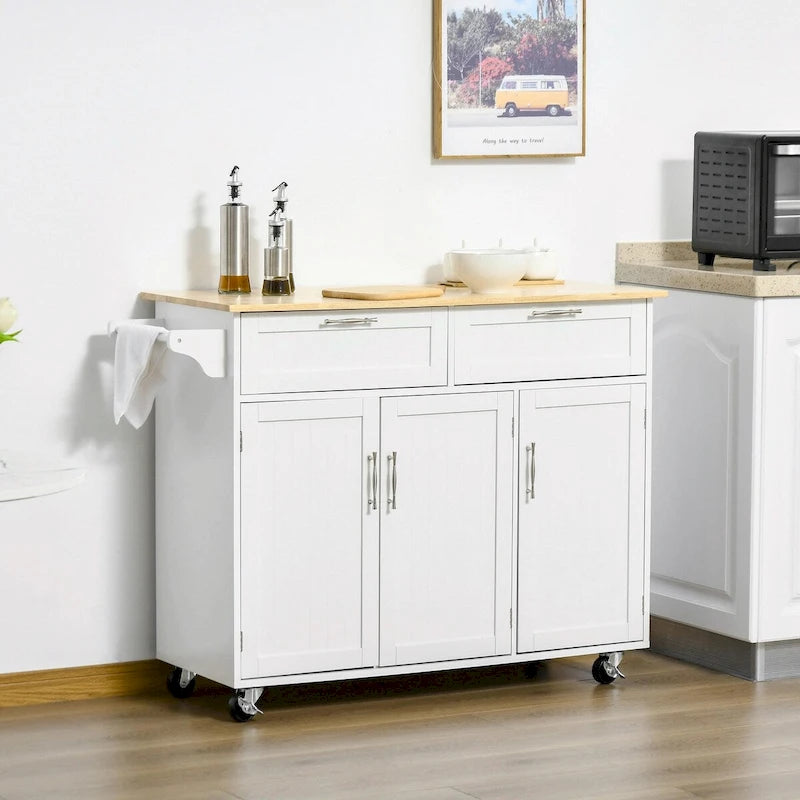 Rolling Kitchen Island Cart with Natural Wood Top 2 Drawers 3 Cabinets and Towel Rack