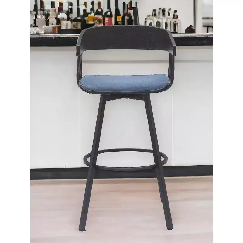 HomeRoots 31 Blue and Black Fabric with Metal Swivel Bar Height Bar Chair