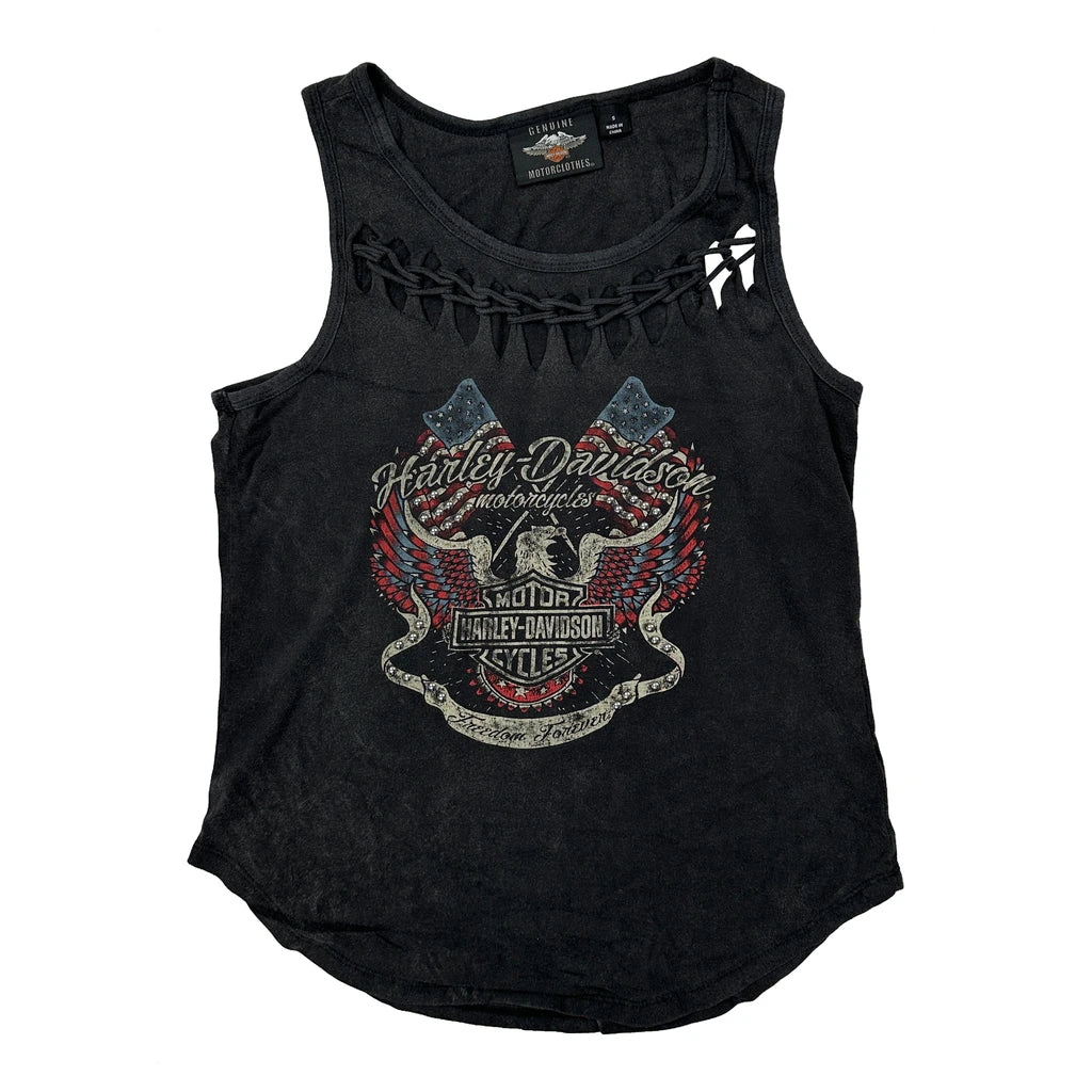 Girls Graphic Motorcycle Vest Small Black Sleeveless Cut-Out Cotton
