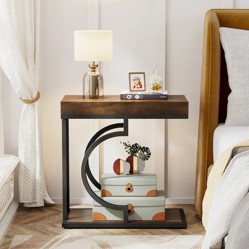 Narrow C-Shaped End Table, White & Gold Faux Marble