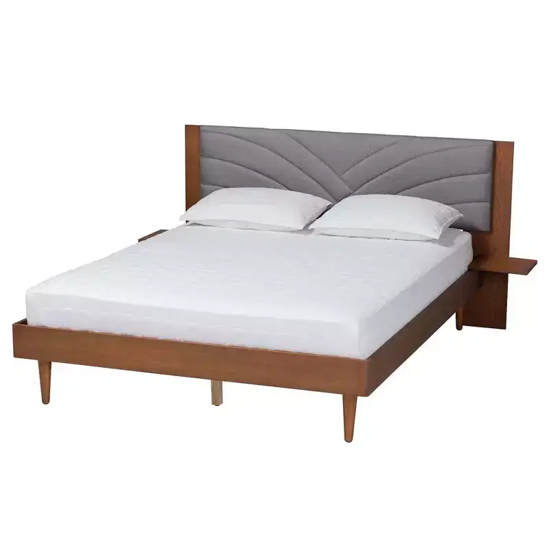 Fabric and Wood Platform Bed with Floating Side Table Gray/Walnut Brown