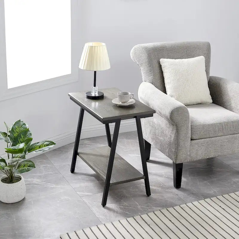 Narrow Wood Side Table with Metal Frame and Lower Shelf