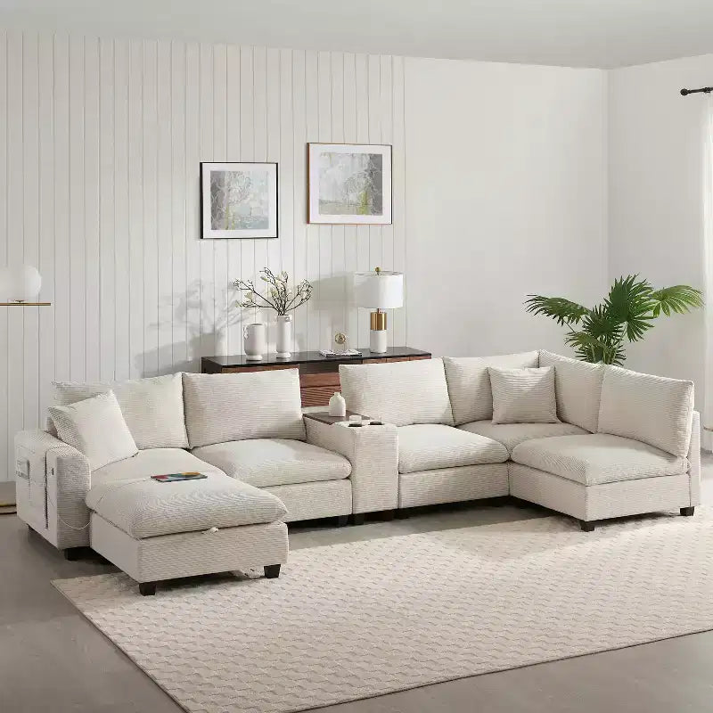 Whisen Modern Chenille 4-seat Sectional Sofa with Ottoman, L-Shaped Cloud Couch Set with Throw Pillows