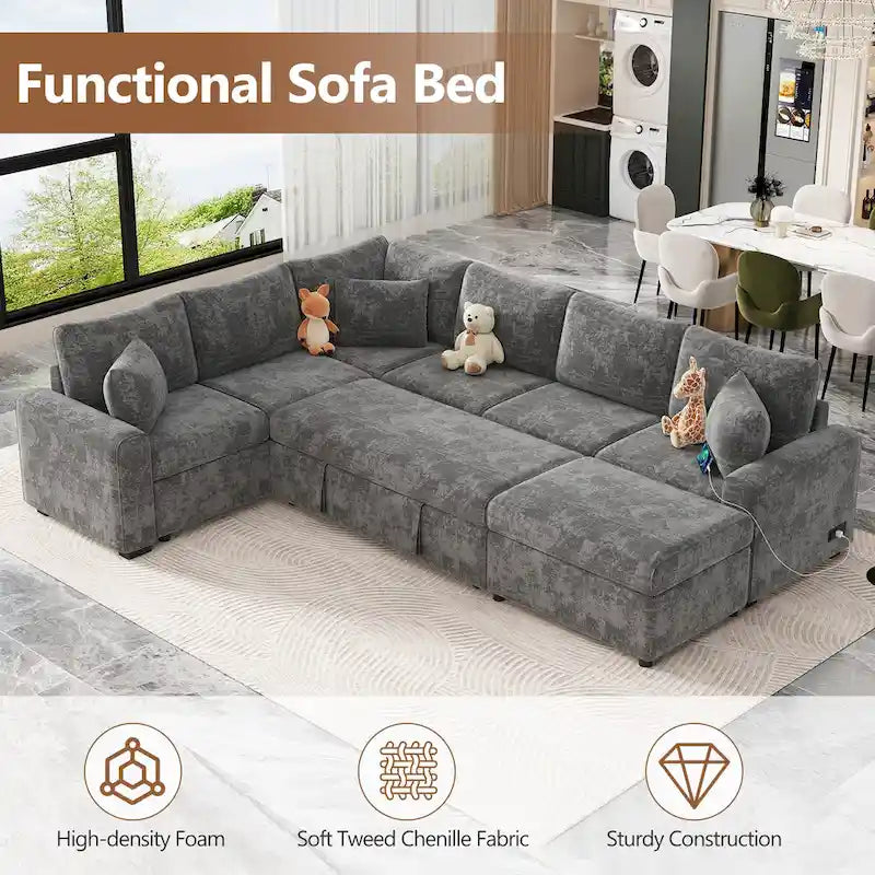 Chenille Sectional Sofa Pull-out Sofa Bed, L-Shape Sleeper Sofa with Storage Ottoman, 3 Pillows and Charging Devices