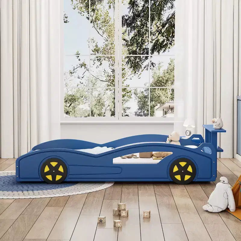 Wooden Race Car Bed, Twin Size Cute Car Shaped Platform Bed with Wheels for Boys and Girls