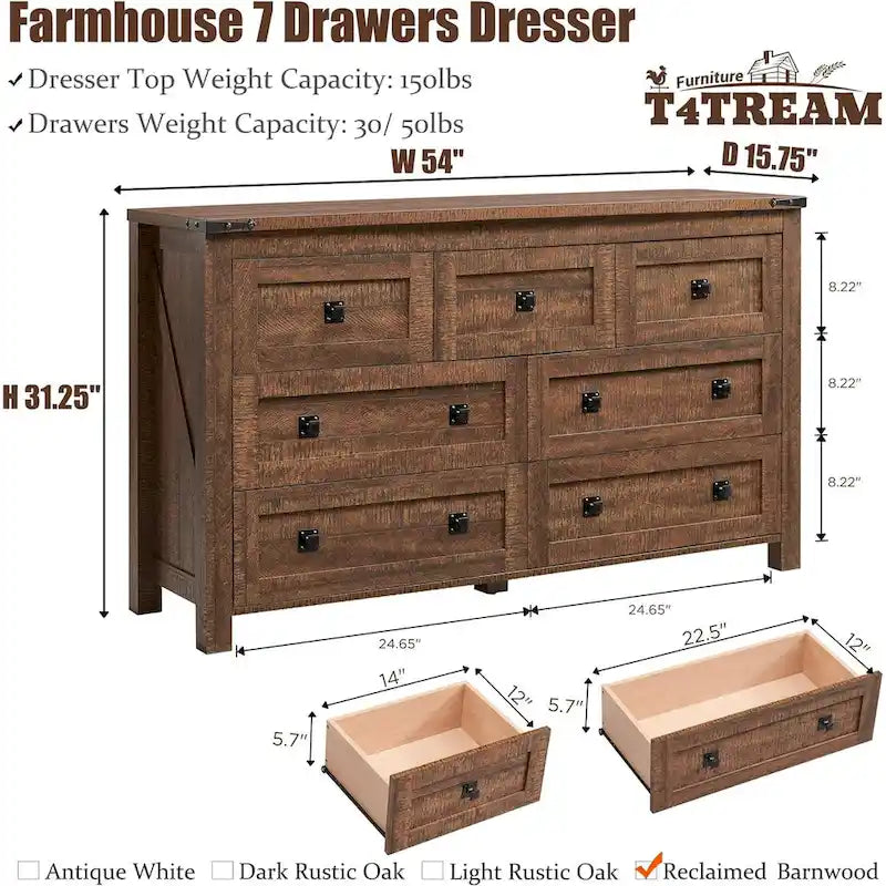 Farmhouse 7 Drawer Dresser Chest with Barn Door Style