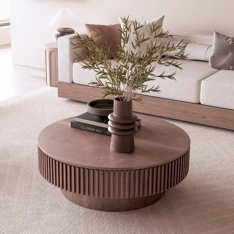 Modern Solid Wood Veneered Round Coffee Tea Table with Storage
