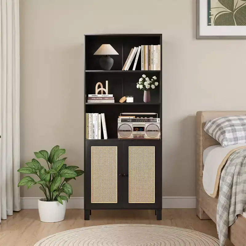 5-Shelf Tall Bookcase with Rattan Doors, Black, for Home Office & Bedroom