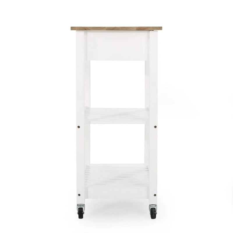 Compact Rolling Kitchen Cart with Rubberwood Top Drawer 2 Slatted Shelves and Towel Rack