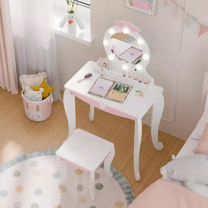 BALHAM TRADE-Kids Vanity Set with Lighted Mirror and Stool with Storage Space for Little Girls