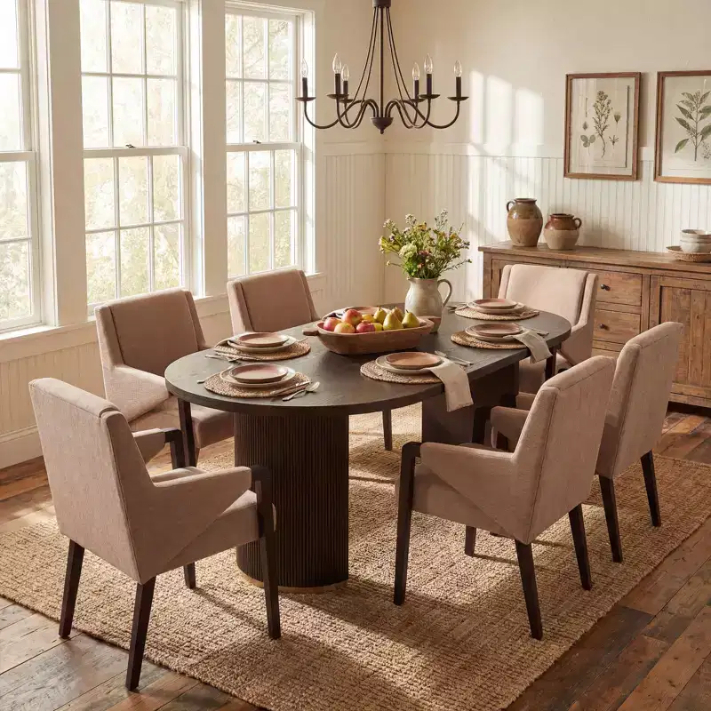7-Piece Modern Oval Dining Set, Linen Upholstered, Seats 6