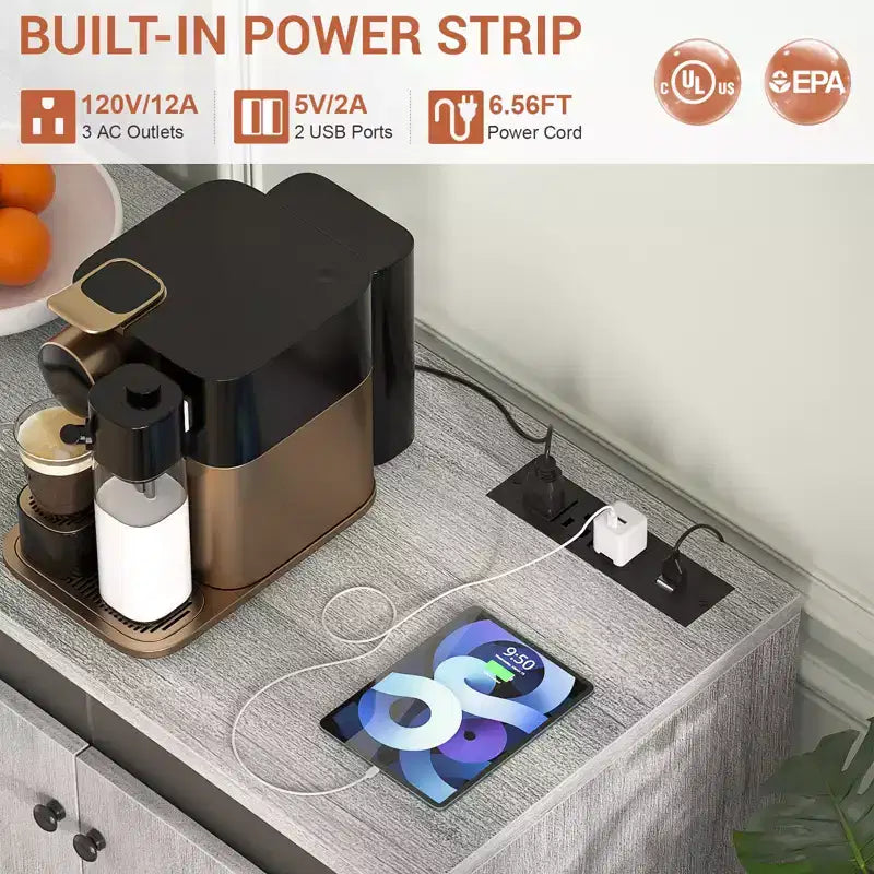 Storage Buffet Cabinet with Adjustable Shelves, LED Light, and Charging Station