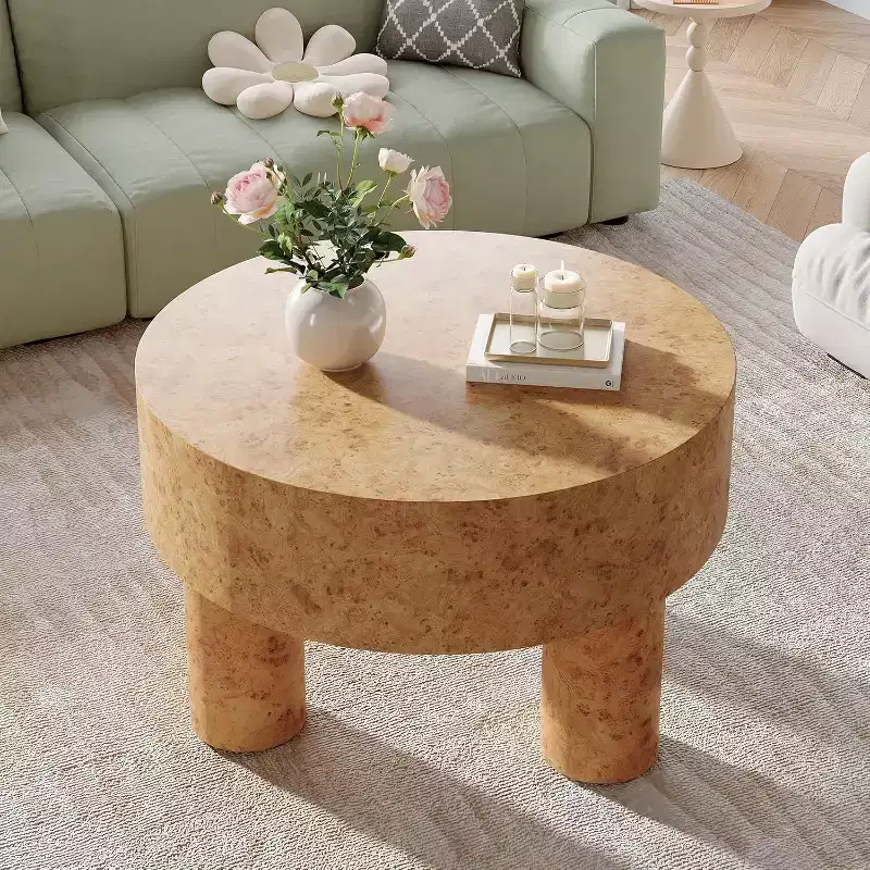 31.5-Inch Round Coffee Table for Living Room, Modern Circle Cocktail Tea Table with Burl Texture and Sturdy Legs for Apartment, Small Space