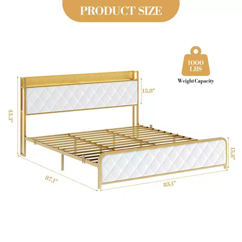 King Size Bed Frame , Upholstered Headboard and Footboard,Metal Slat Support, Easy to Assemble Noise Free,Beige