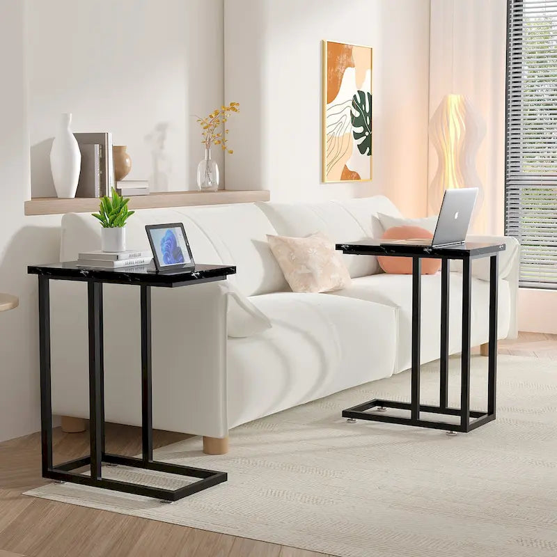 C-Shaped End Table Small Side Table Sofa Table with Metal Frame