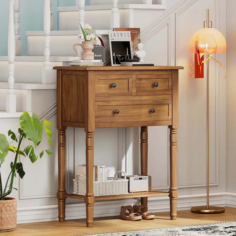 Narrow Console Table with Drawers and Bottom Shelf