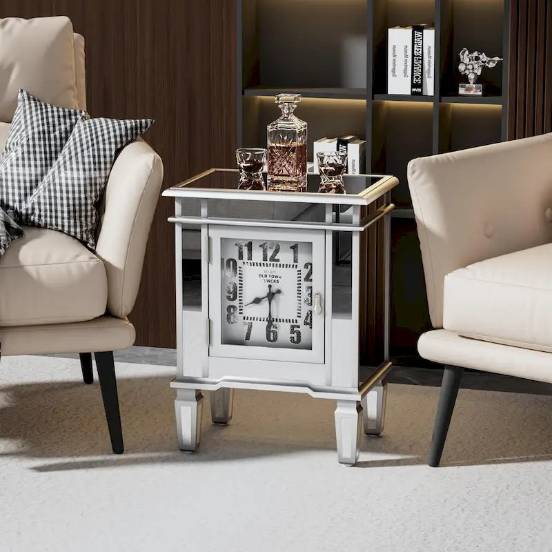 Mirrored Side Table with Clock Door Antique Silver Bedside Nightstand
